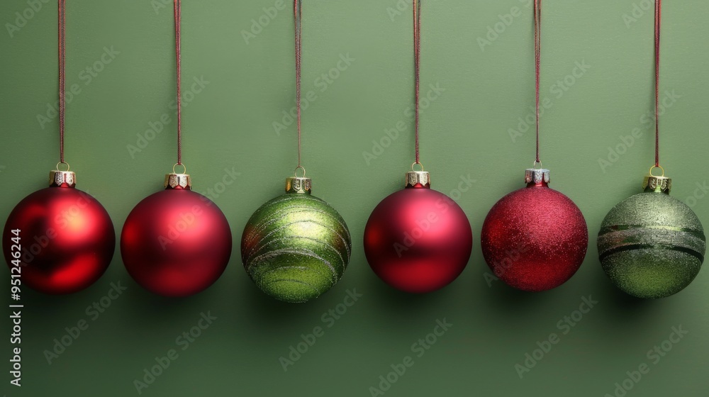 A minimalist Christmas scene featuring six hanging ornaments in red and green colors against a green background. A minimalist Christmas scene featuring six hanging ornaments in red and green colors against a green background.
