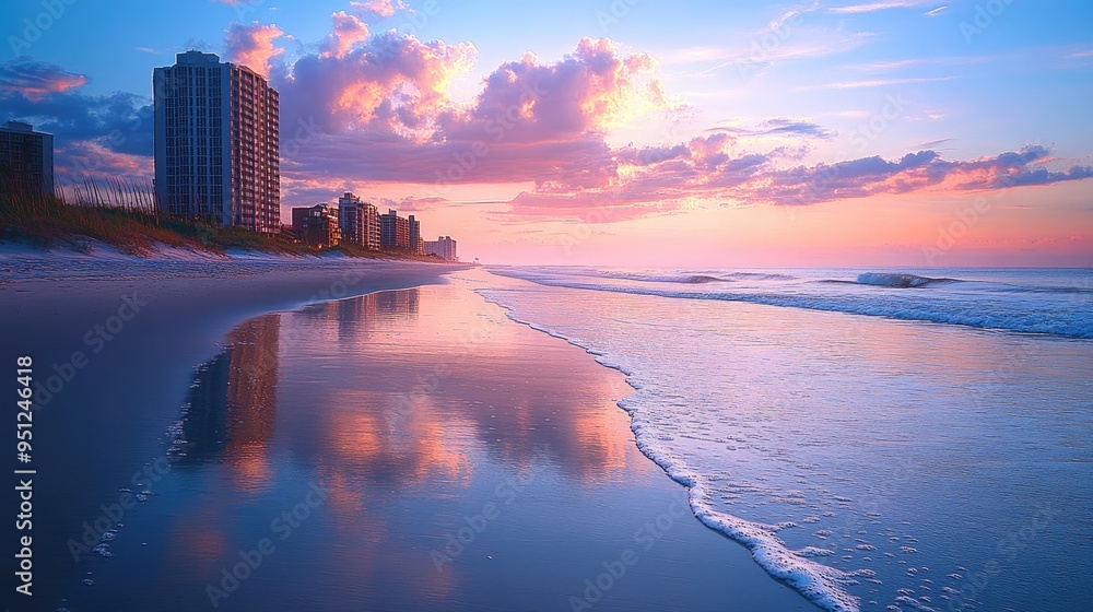 Fototapeta premium A peaceful morning at Myrtle Beach, with the soft glow of sunrise casting a warm light on the sand and water.