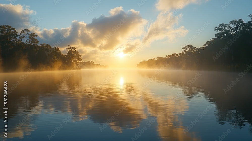A peaceful morning on a Florida lake, with mist rising from the water and the sun just beginning to light up the landscape. A peaceful morning on a Florida lake, with mist rising from the water and the sun just beginning to light up the landscape.