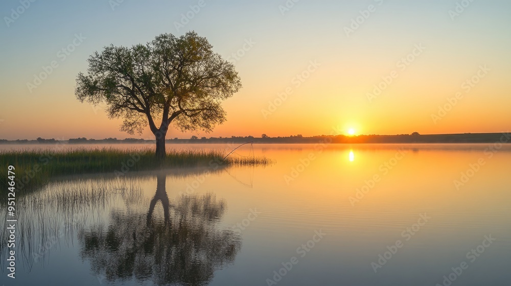 A peaceful morning on a Texas lake, with fishermen casting their lines and the sun rising over the horizon. A peaceful morning on a Texas lake, with fishermen casting their lines and the sun rising over the horizon.