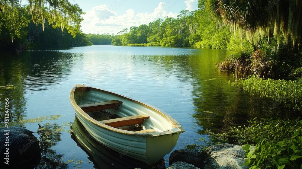 A peaceful scene of a Florida lake with a small boat anchored near the shore, surrounded by lush green vegetation. A peaceful scene of a Florida lake with a small boat anchored near the shore, surrounded by lush green vegetation.