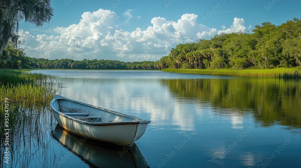 Naklejka premium A peaceful scene of a Florida lake with a small boat anchored near the shore, surrounded by lush green vegetation.