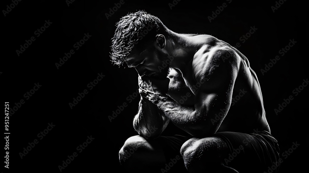 Fototapeta premium A solitary male figure in black and white, expressing deep emotion and contemplation through an intense pose and lighting.