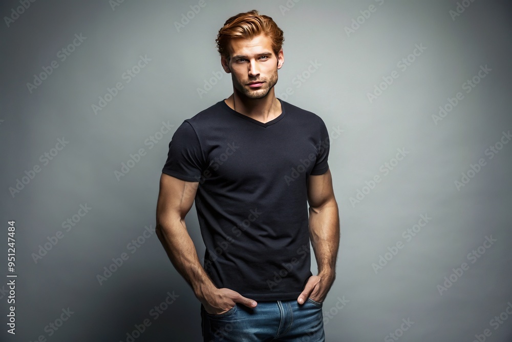A fit male model showcases a blank black t-shirt, posing casually with one hand in pocket, perfect for showcasing your brand's design or logo. A fit male model showcases a blank black t-shirt, posing casually with one hand in pocket, perfect for showcasing your brand's design or logo.
