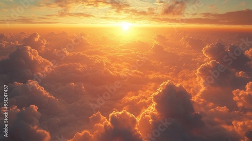 A peaceful scene of wispy clouds scattered across a clear sky, with a warm, golden sunset casting a soft glow on the horizon. photo