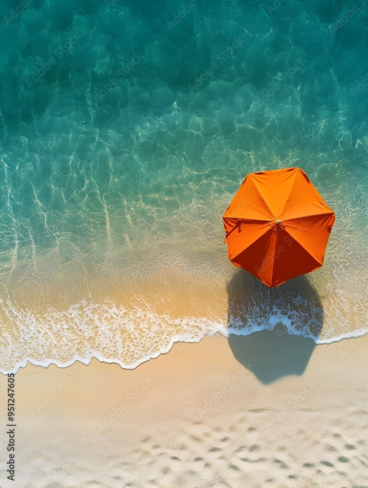 Naklejka premium Aerial View of Vibrant Orange Umbrella on Pristine Beach with Turquoise Waters