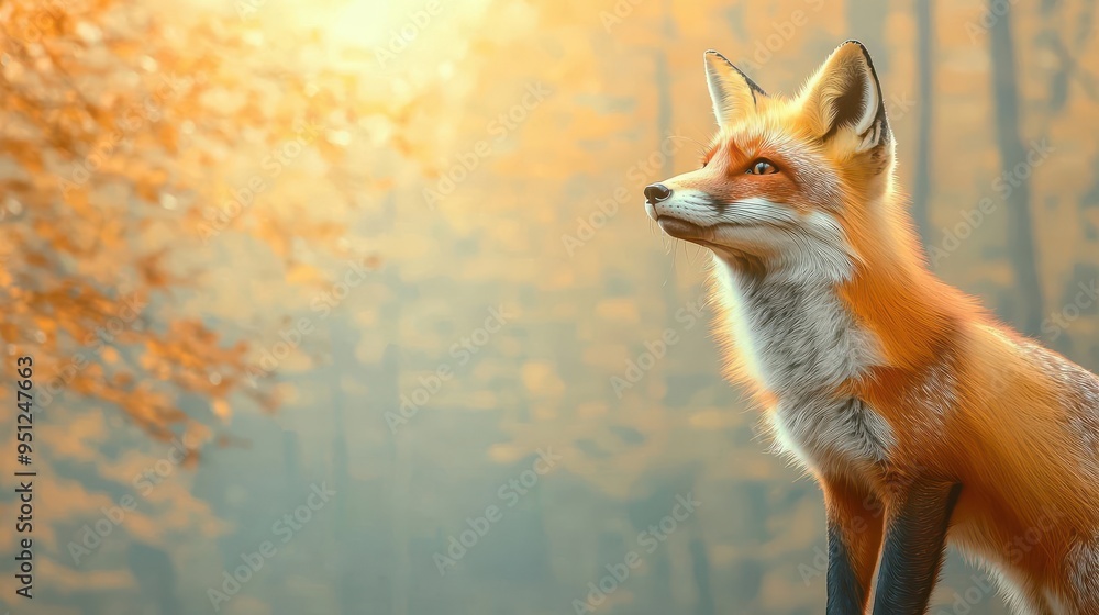 A fox standing on the edge of a woodland clearing, with the forest stretching out behind, dappled sunlight, natural and peaceful tones