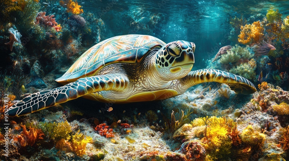 A peaceful underwater scene with a sea turtle resting on the ocean floor, surrounded by a diverse array of marine flora and fauna. A peaceful underwater scene with a sea turtle resting on the ocean floor, surrounded by a diverse array of marine flora and fauna.