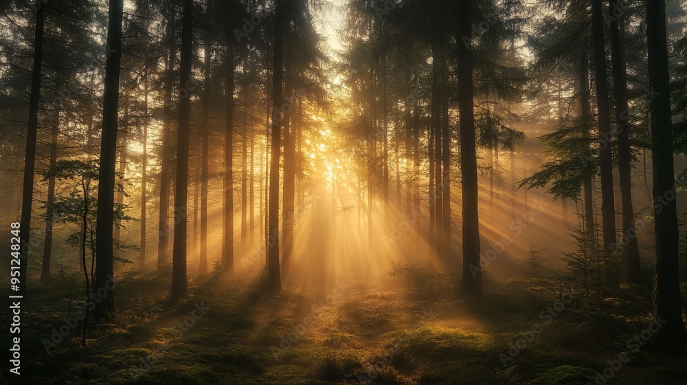 Obraz premium Serene Forest Sunrise: Fog Lifting in a Breathtaking Landscape
