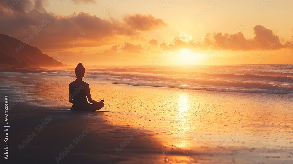A person meditating on a quiet beach at sunrise, with the sound of waves in the background, perfect for themes of tranquility and wellness with ample copy space. A person meditating on a quiet beach at sunrise, with the sound of waves in the background, perfect for themes of tranquility and wellness with ample copy space.