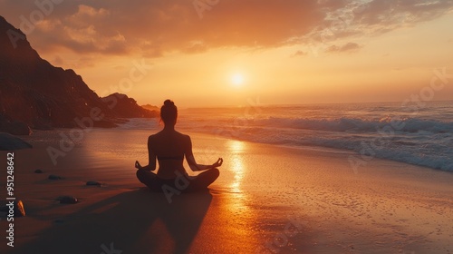 A person meditating on a quiet beach at sunrise, with the sound of waves in the background, perfect for themes of tranquility and wellness with ample copy space.