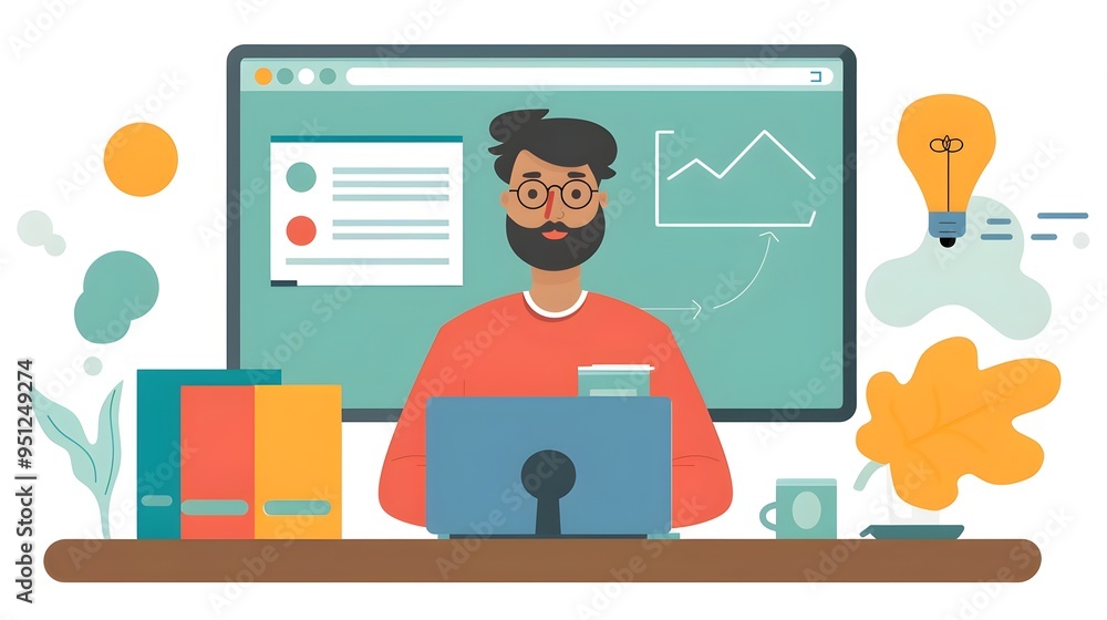 The tutor presenting online training content via computer during a live webinar session with charts and graphs displayed on screen The tutor presenting online training content via computer during a live webinar session with charts and graphs displayed on screen