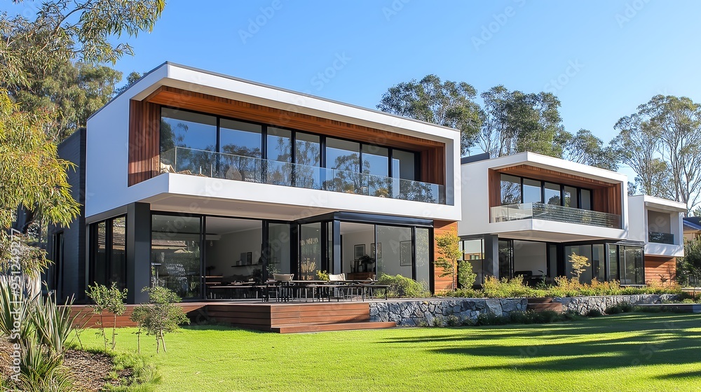 A stunning image of a modern Australian house with sleek architectural design, showcasing contemporary aesthetics, large windows, and lush landscaping, perfect for real estate, architecture A stunning image of a modern Australian house with sleek architectural design, showcasing contemporary aesthetics, large windows, and lush landscaping, perfect for real estate, architecture