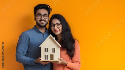  A vibrant image of a young Indian couple holding a model house against a bright orange background, symbolizing real estate, home ownership, or family values,