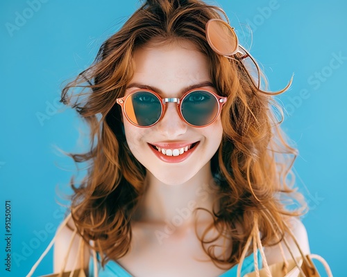 Joyful young woman with sunglasses and shopping bags, blue background, happy portrait style.