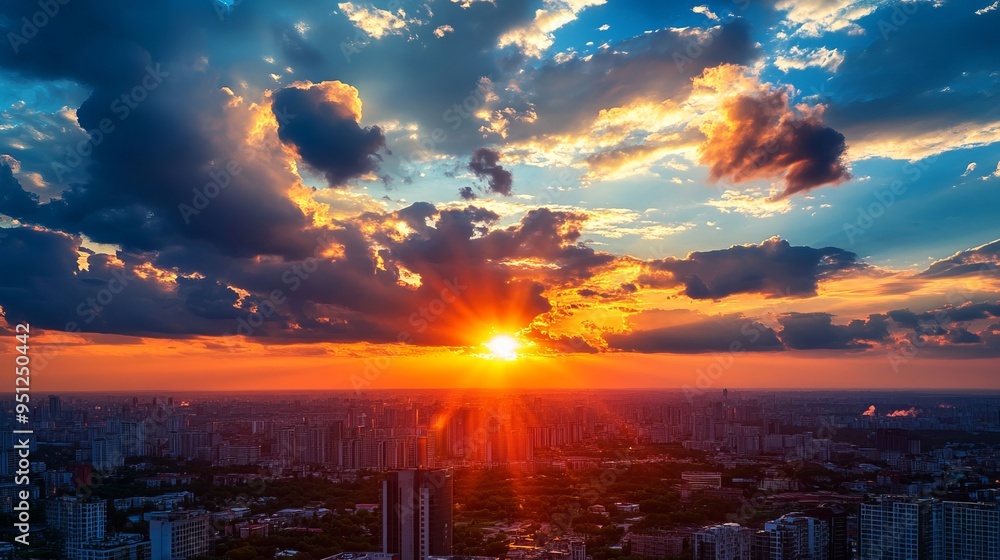 Obraz premium Stunning Sunset Cityscape: Vibrant Colors & Dramatic Clouds