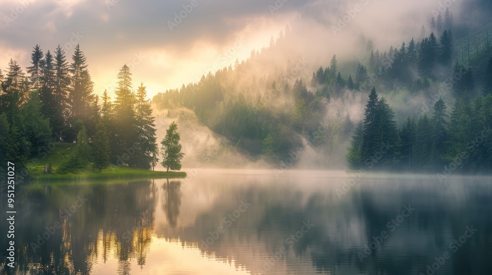 Misty Morning Lake with Trees Misty Morning Lake with Trees