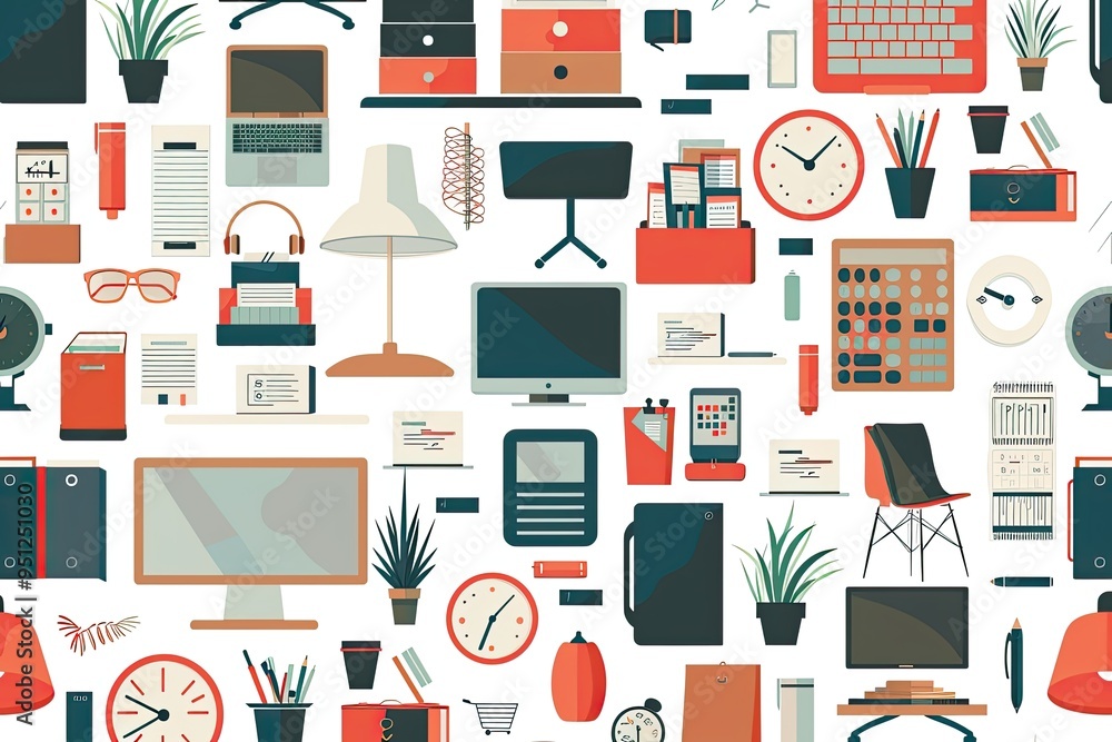 Seamless Pattern of Office Supplies and Furniture in Flat Style Seamless Pattern of Office Supplies and Furniture in Flat Style