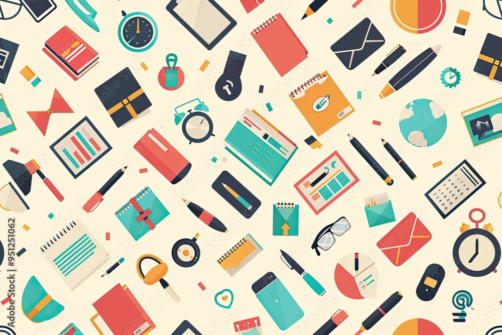 A Seamless Pattern of Colorful Office Supplies and Gadgets A Seamless Pattern of Colorful Office Supplies and Gadgets