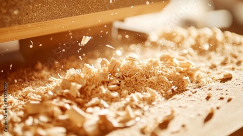 Detailed view of wood shavings and sawdust from an electric hand planer, highlighting the texture and light brown color of the wood around the wooden molder