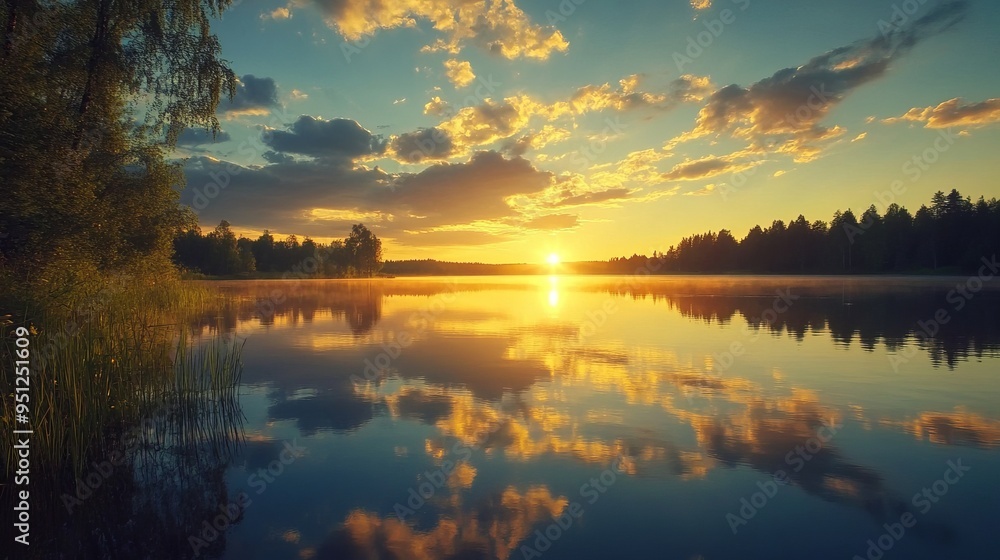 Obraz premium Serene Sunset Reflections: Lake at Golden Hour