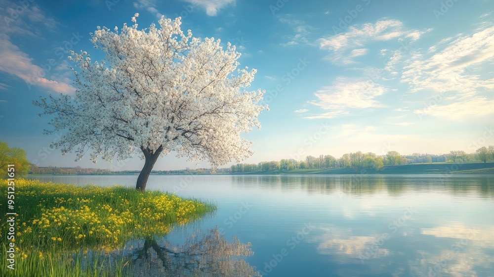 A picturesque spring day with a tree in full bloom standing by a calm lake, reflecting its beauty on the water's surface, providing a serene scene with ample space for copy. A picturesque spring day with a tree in full bloom standing by a calm lake, reflecting its beauty on the water's surface, providing a serene scene with ample space for copy.