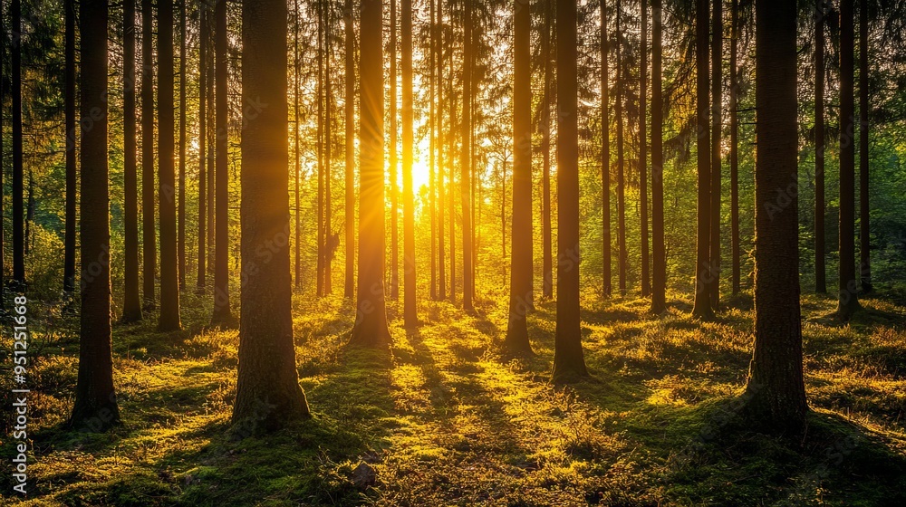 Golden Hour Serenity: Tranquil Forest Sunset with Sunlight Filtering Through Trees Golden Hour Serenity: Tranquil Forest Sunset with Sunlight Filtering Through Trees