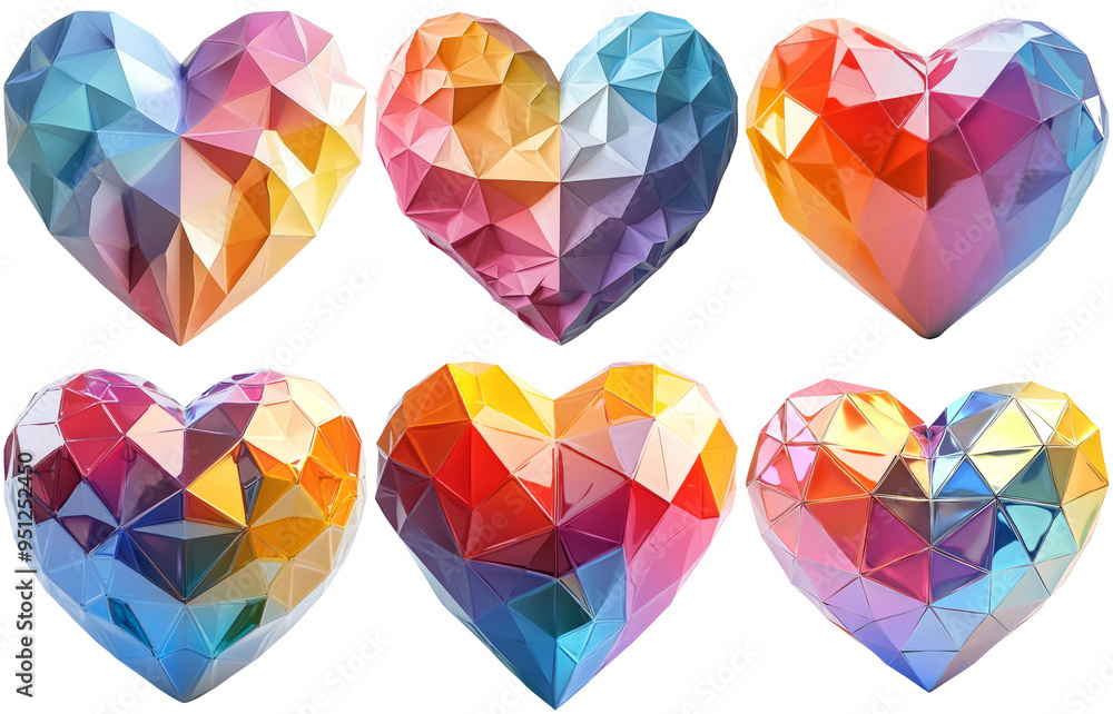 Colorful faceted heart shapes isolated on transparent background Colorful faceted heart shapes isolated on transparent background