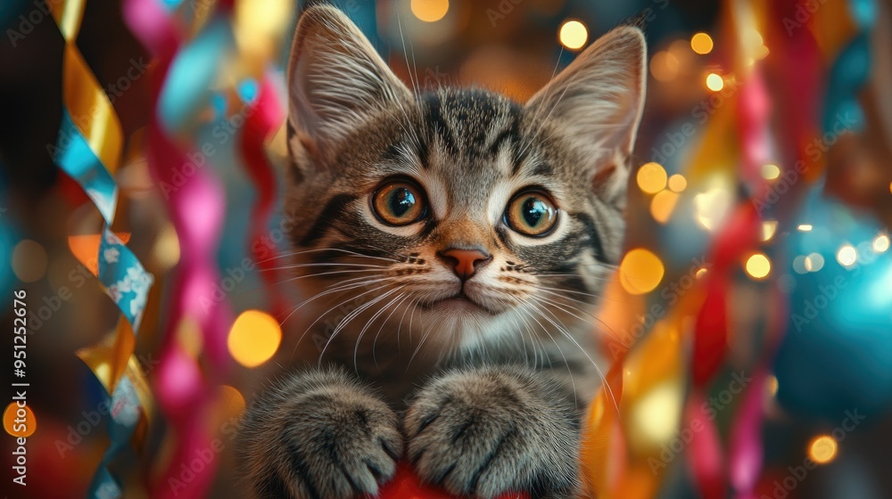 A playful cat tangled in birthday streamers, with a comical expression. Ample room for a funny greeting,cat happy kitten ,high resolutionphoto,professional photography,natural lighting. A playful cat tangled in birthday streamers, with a comical expression. Ample room for a funny greeting,cat happy kitten ,high resolutionphoto,professional photography,natural lighting.