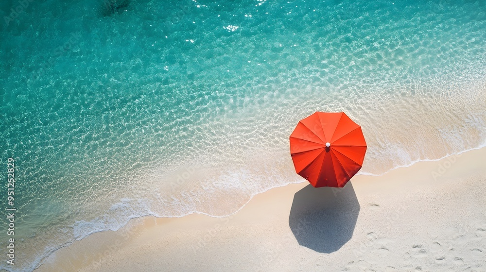 Aerial View of Solitary Red Umbrella on Pristine Summer Beach with Clear Turquoise Waters Aerial View of Solitary Red Umbrella on Pristine Summer Beach with Clear Turquoise Waters