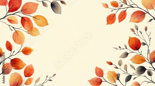 Fototapeta Naklejka Na Ścianę i Meble -  A playful fall border featuring leaves and branches in watercolor style, creating a charming frame for autumn themed content with space for text.