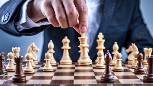 Wallpaper Mural  Chessboard with Human Hand Clad in Formal Suit Making a Move, Elegant Chess Game, Sophisticated Setting, Professional Attire, Chess Strategy, Classic Game Scene, Detailed Hand on Board Torontodigital.ca