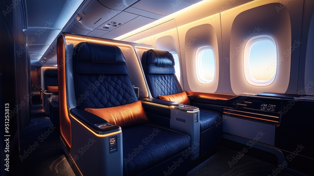 A premium business class airplane seat with ample legroom, showcasing comfort for business travelers. Clear copy space available. A premium business class airplane seat with ample legroom, showcasing comfort for business travelers. Clear copy space available.