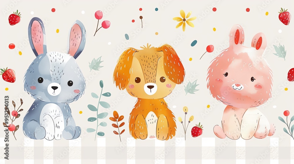 Naklejka premium Gingham seamless vector pattern with kawaii bunny rabbit and dog puppy poodle with summer berries. Tartan check for tablecloths, napkins, clothes, packaging. Cute childish background, pastel palette