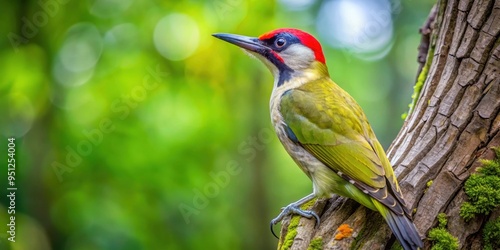 Green woodpecker perched on a tree trunk in a forest setting, green woodpecker, Picus viridis, bird, wildlife, nature