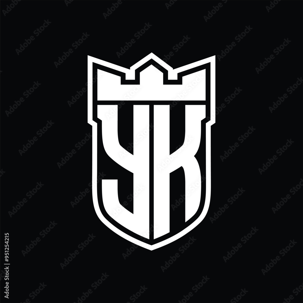 YK Logo shield shape with geometric crown inside white outline on black background template design YK Logo shield shape with geometric crown inside white outline on black background template design