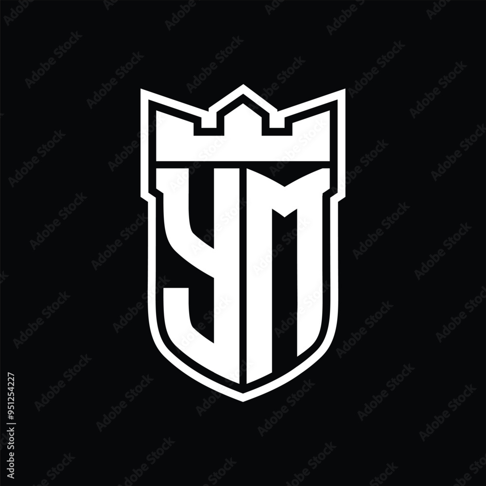 YM Logo shield shape with geometric crown inside white outline on black background template design YM Logo shield shape with geometric crown inside white outline on black background template design