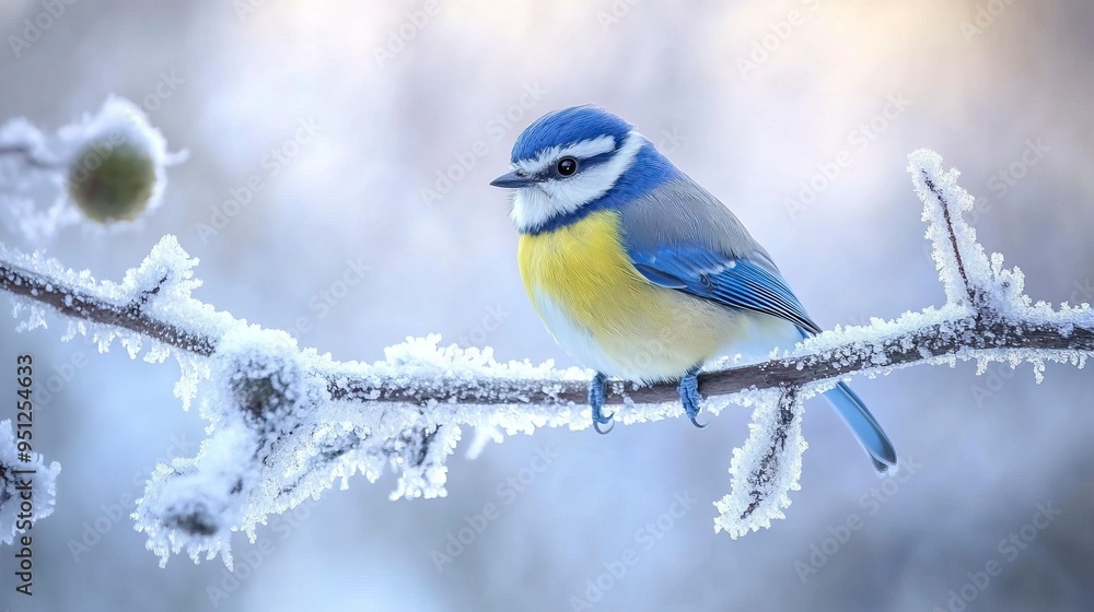 A vibrant blue tit, cyanistes caeruleus, rests on a frost-covered branch against a soft, blurred winter background, showcasing its striking blue and yellow plumage. A vibrant blue tit, cyanistes caeruleus, rests on a frost-covered branch against a soft, blurred winter background, showcasing its striking blue and yellow plumage.