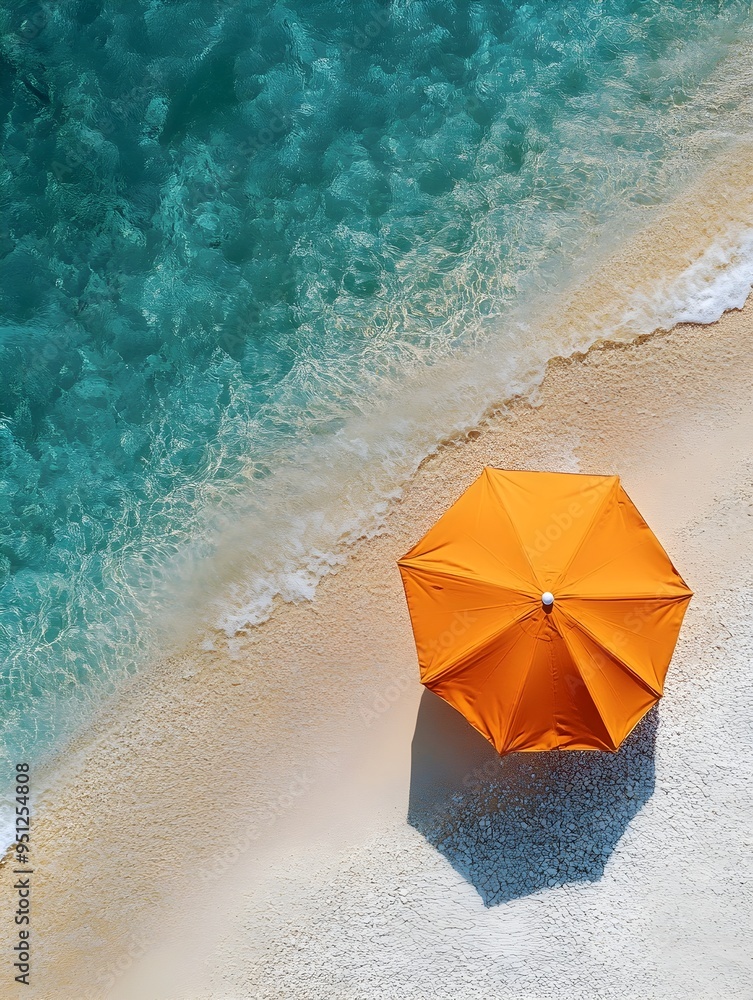 Fototapeta premium Aerial View of a Vibrant Orange Umbrella on a Pristine Summer Beach with Crystal Clear Waters