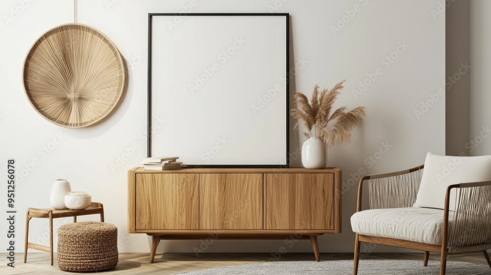 Obraz premium A Scandinavian-boho living room with a minimalist cabinet and a blank frame on the wall, capturing the essence of modern design.