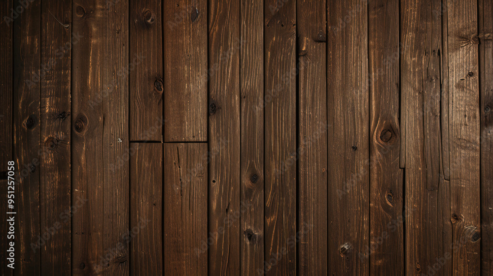 Naklejka premium Fond de planche de bois marron foncé, papier peint. Vieux fond en bois texturé foncé grunge, la surface de la vieille texture de bois brun, vue de dessus lambris en bois de pin brun. 