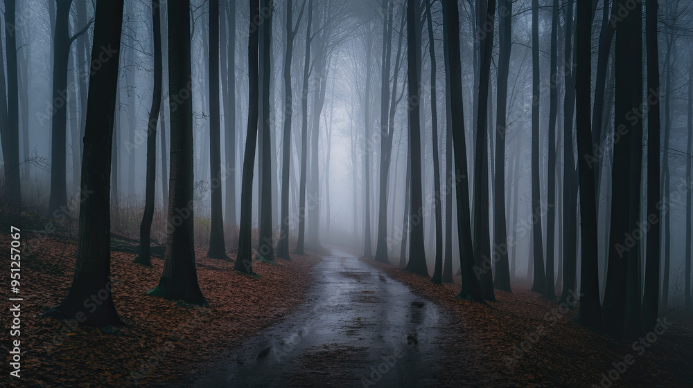 Naklejka premium Misty, Dense Forest with Tall, Slender Trees and Ground Covered in Fallen Leaves, Evoking Mystery and Solitude, Serene Nature Scene, Foggy Woodland, Tranquil Forest Path, Enchanted Landscape