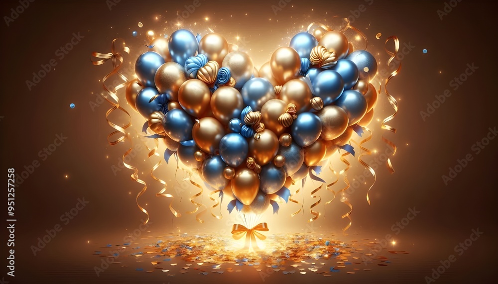 Holiday background with golden and blue metallic balloons, confetti and ribbons. Festive card for birthday party, anniversary, new year, christmas or other events. Created with generative Ai Holiday background with golden and blue metallic balloons, confetti and ribbons. Festive card for birthday party, anniversary, new year, christmas or other events. Created with generative Ai