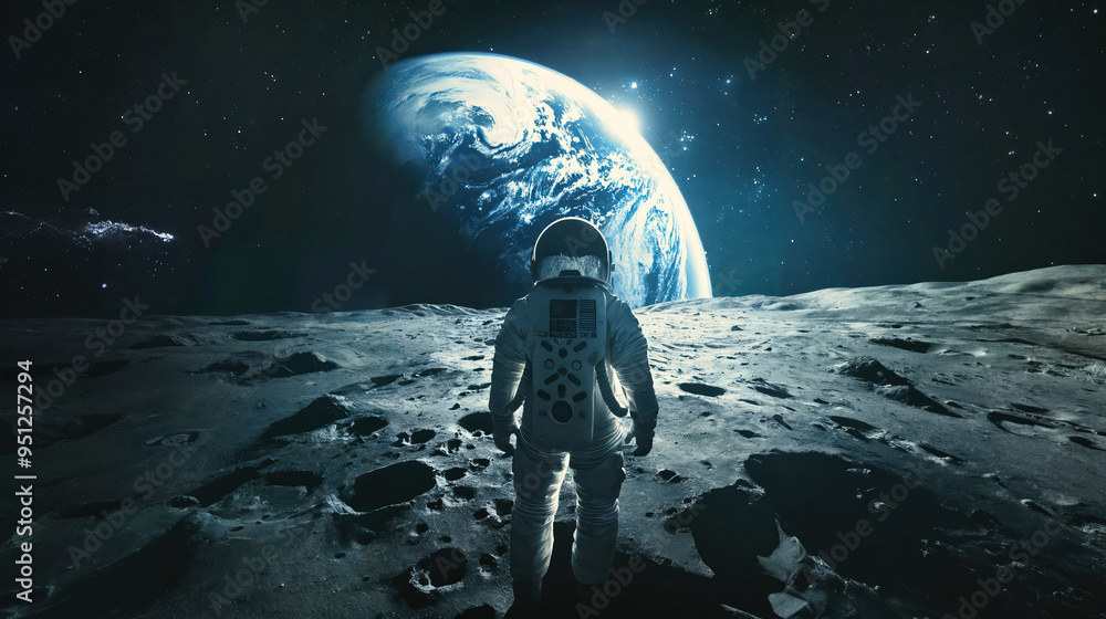 Obraz premium Astronaut on Lunar Surface Gazing at Earth