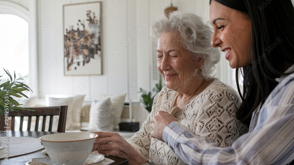 Close-Up of Indoor Living Room with Two Women Seated at Wooden Table, Younger Woman Assisting Older Woman with White Hair, Cozy Setting, Domestic Interaction, Friendly Help, Home Environment Close-Up of Indoor Living Room with Two Women Seated at Wooden Table, Younger Woman Assisting Older Woman with White Hair, Cozy Setting, Domestic Interaction, Friendly Help, Home Environment
