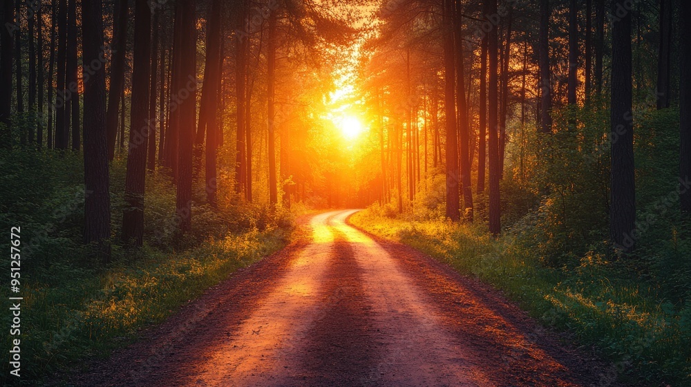 Fototapeta premium A road leading through a forest at sunset, with the sunlight filtering through the trees and casting a warm glow on the ground.