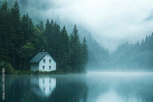 A White House on a Misty Lake Surrounded by Trees