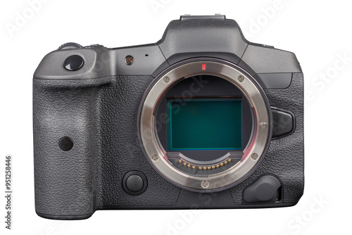 black 2020s professional 35mm full-frame mirrorless camera body with flip screen isolated on white background.