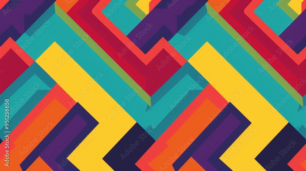 Colorful geometric seamless pattern with vibrant chevron shapes in yellow, orange, purple, blue, green and red Colorful geometric seamless pattern with vibrant chevron shapes in yellow, orange, purple, blue, green and red