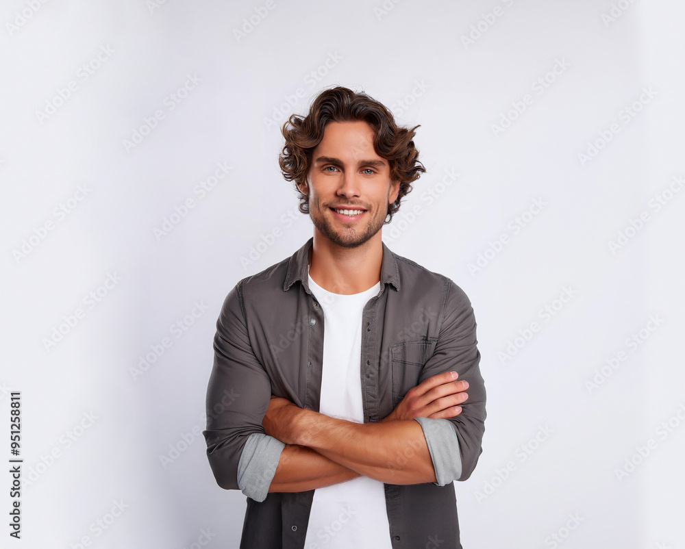 homem jovem bonito modelo sorridente cabelo castanho preto camiseta cinza barba braços cruzados fundo branco homem jovem bonito modelo sorridente cabelo castanho preto camiseta cinza barba braços cruzados fundo branco